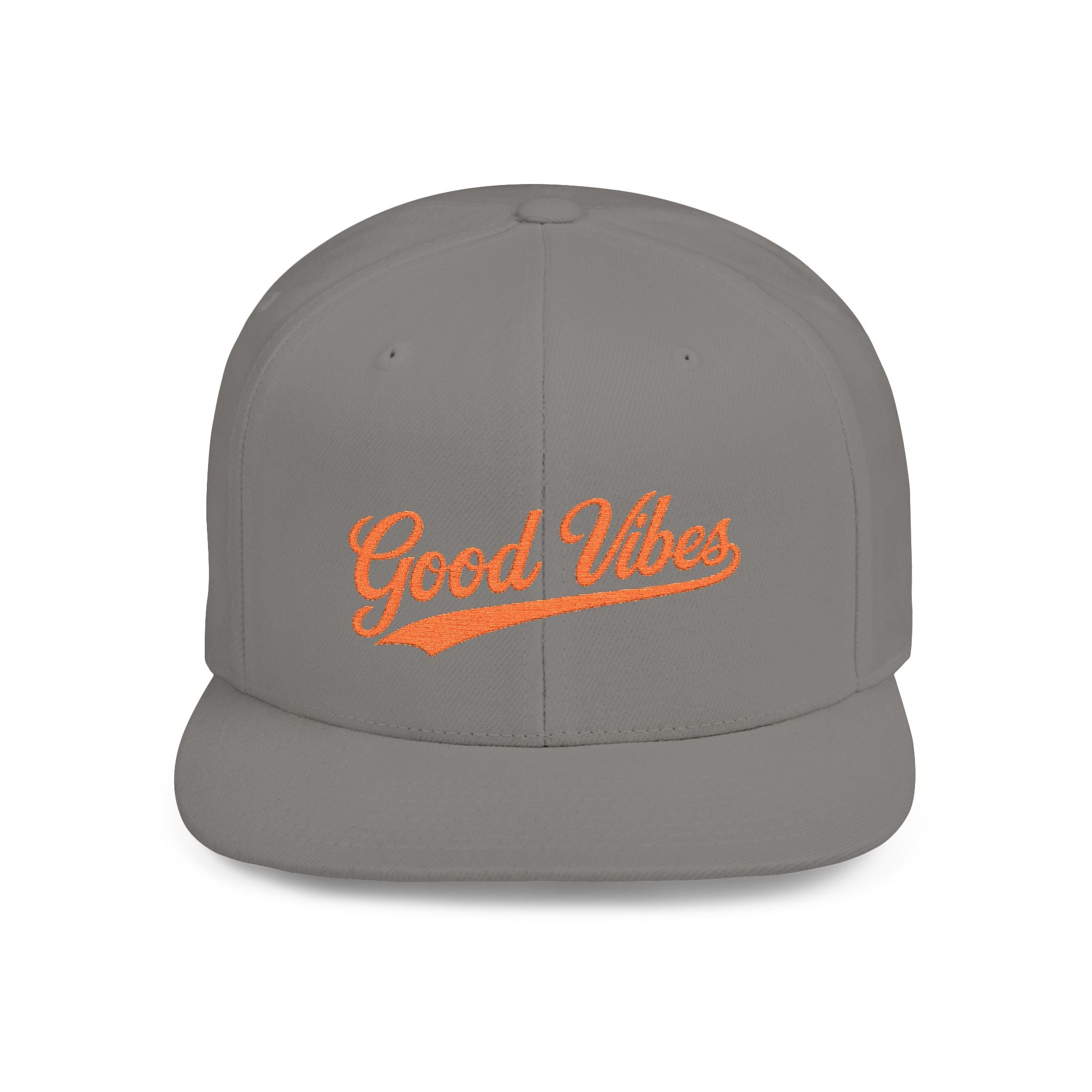 Good Vibes Flat Bill Snapback Hat – Embroidered Orange Script Cap