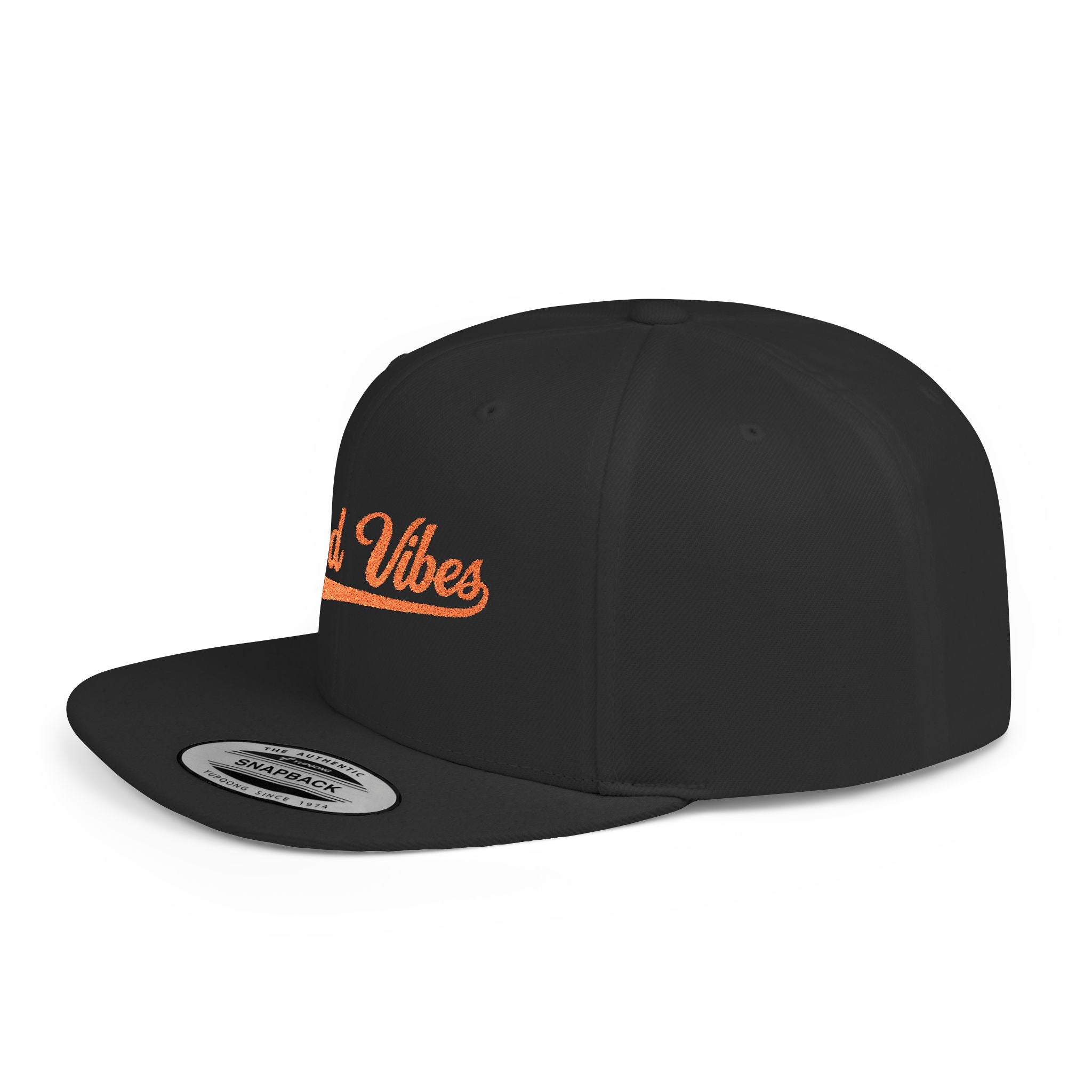 Good Vibes Flat Bill Snapback Hat – Embroidered Orange Script Cap