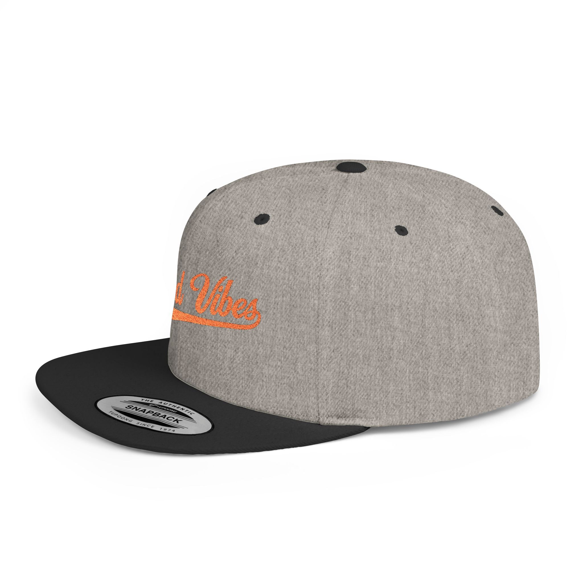 Good Vibes Flat Bill Snapback Hat – Embroidered Orange Script Cap