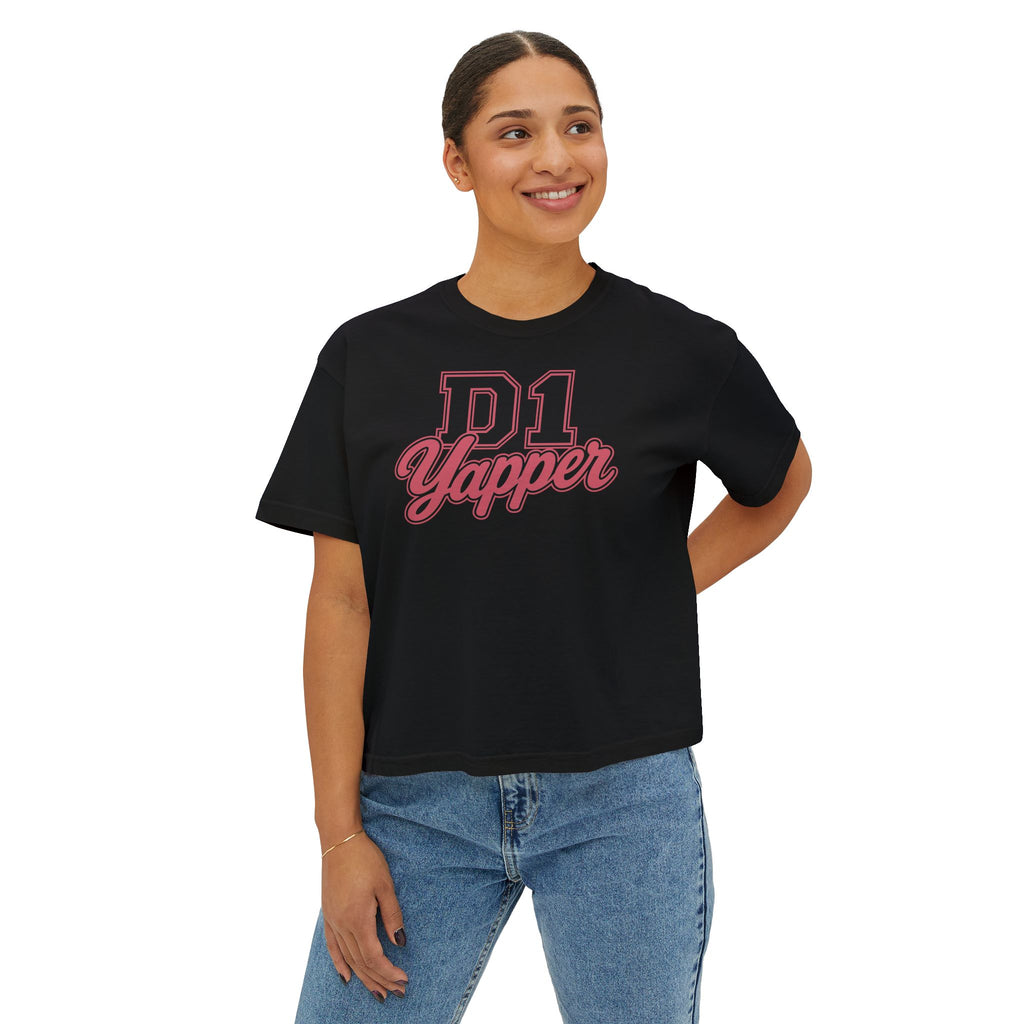 D1 Yapper Women's Boxy Tee — Retro Varsity Script Graphic Shirt