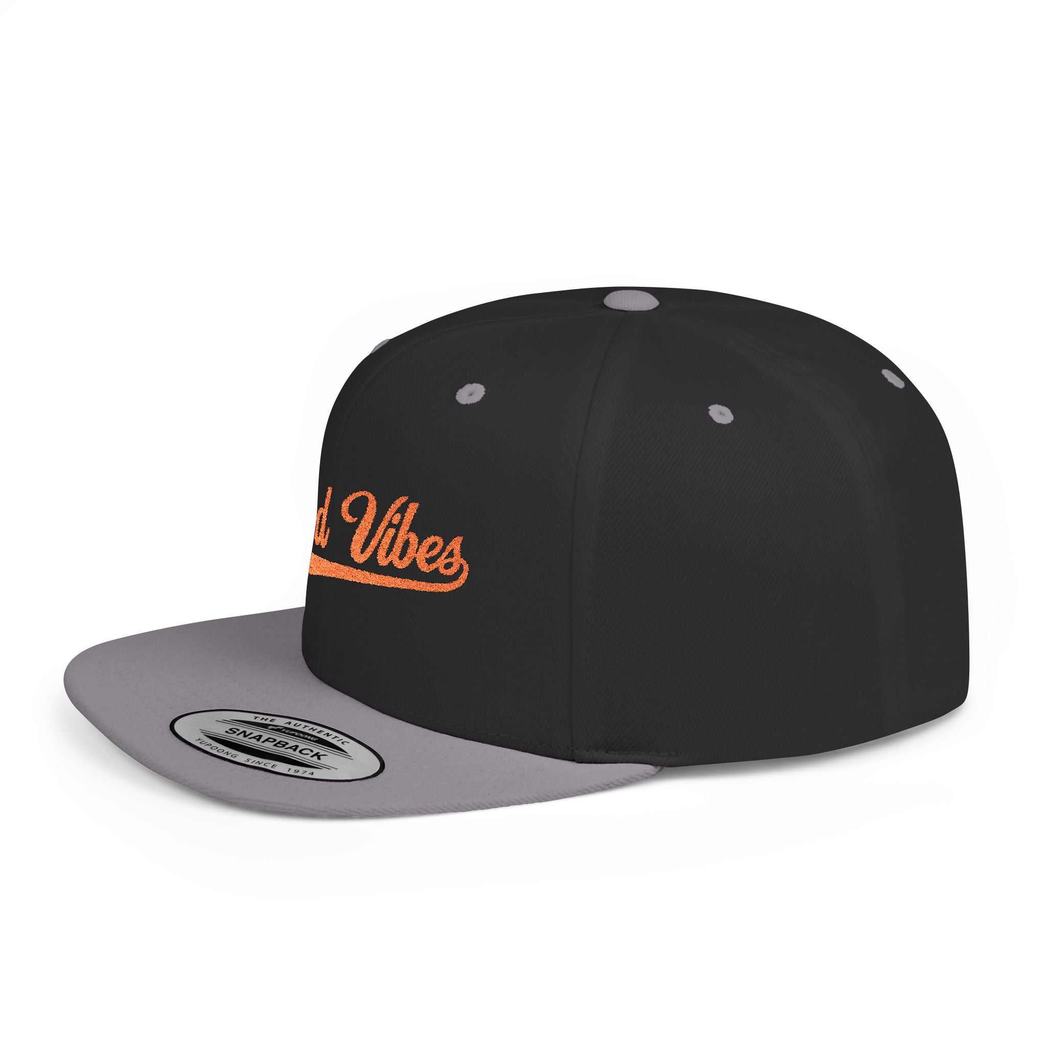 Good Vibes Flat Bill Snapback Hat – Embroidered Orange Script Cap