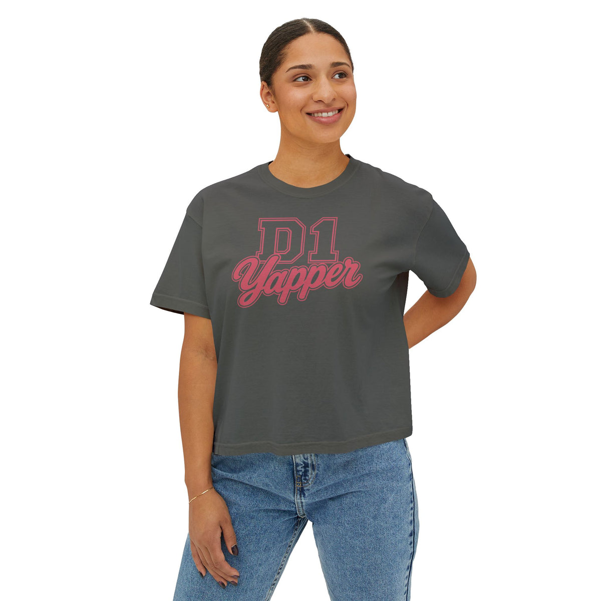 D1 Yapper Women's Boxy Tee — Retro Varsity Script Graphic Shirt