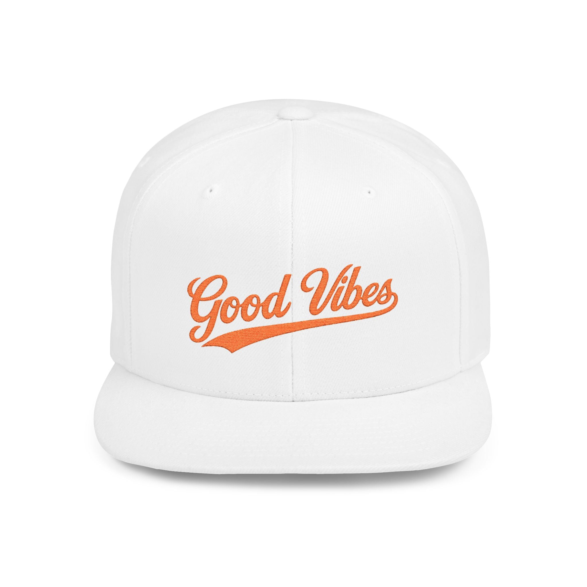 Good Vibes Flat Bill Snapback Hat – Embroidered Orange Script Cap