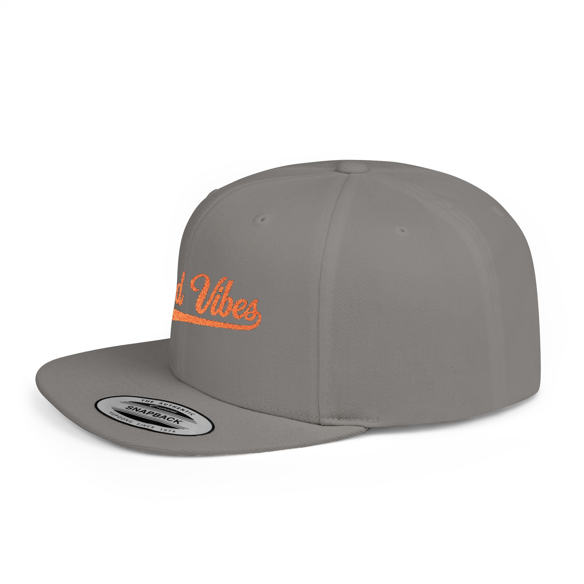 Good Vibes Flat Bill Snapback Hat – Embroidered Orange Script Cap