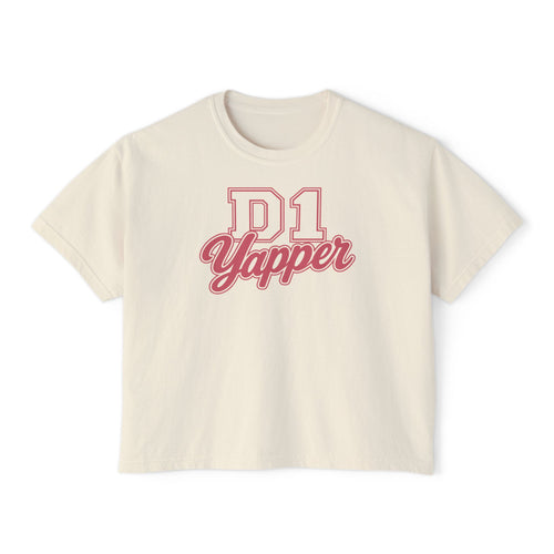 D1 Yapper Women's Boxy Tee — Retro Varsity Script Graphic Shirt