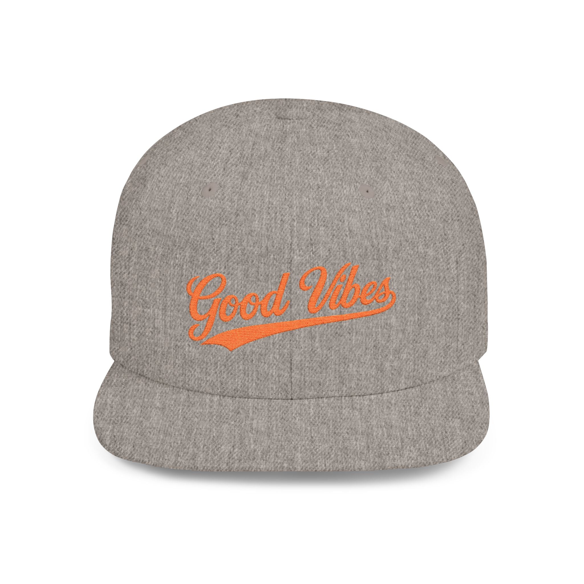 Good Vibes Flat Bill Snapback Hat – Embroidered Orange Script Cap