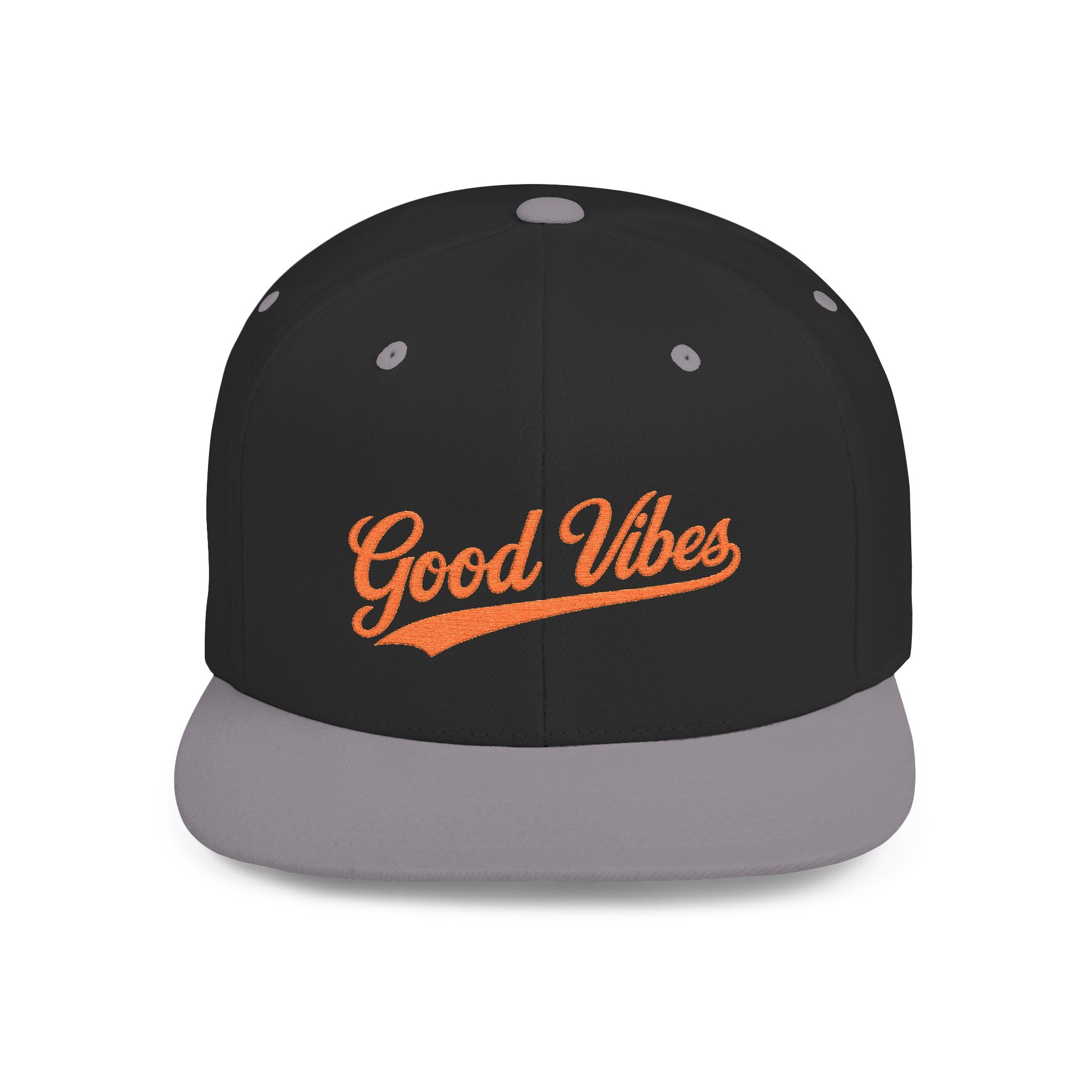 Good Vibes Flat Bill Snapback Hat – Embroidered Orange Script Cap
