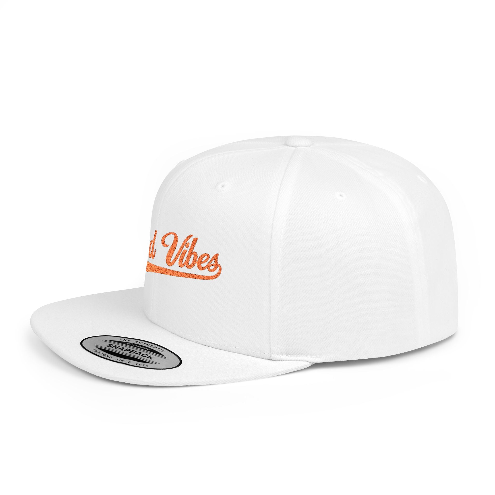 Good Vibes Flat Bill Snapback Hat – Embroidered Orange Script Cap