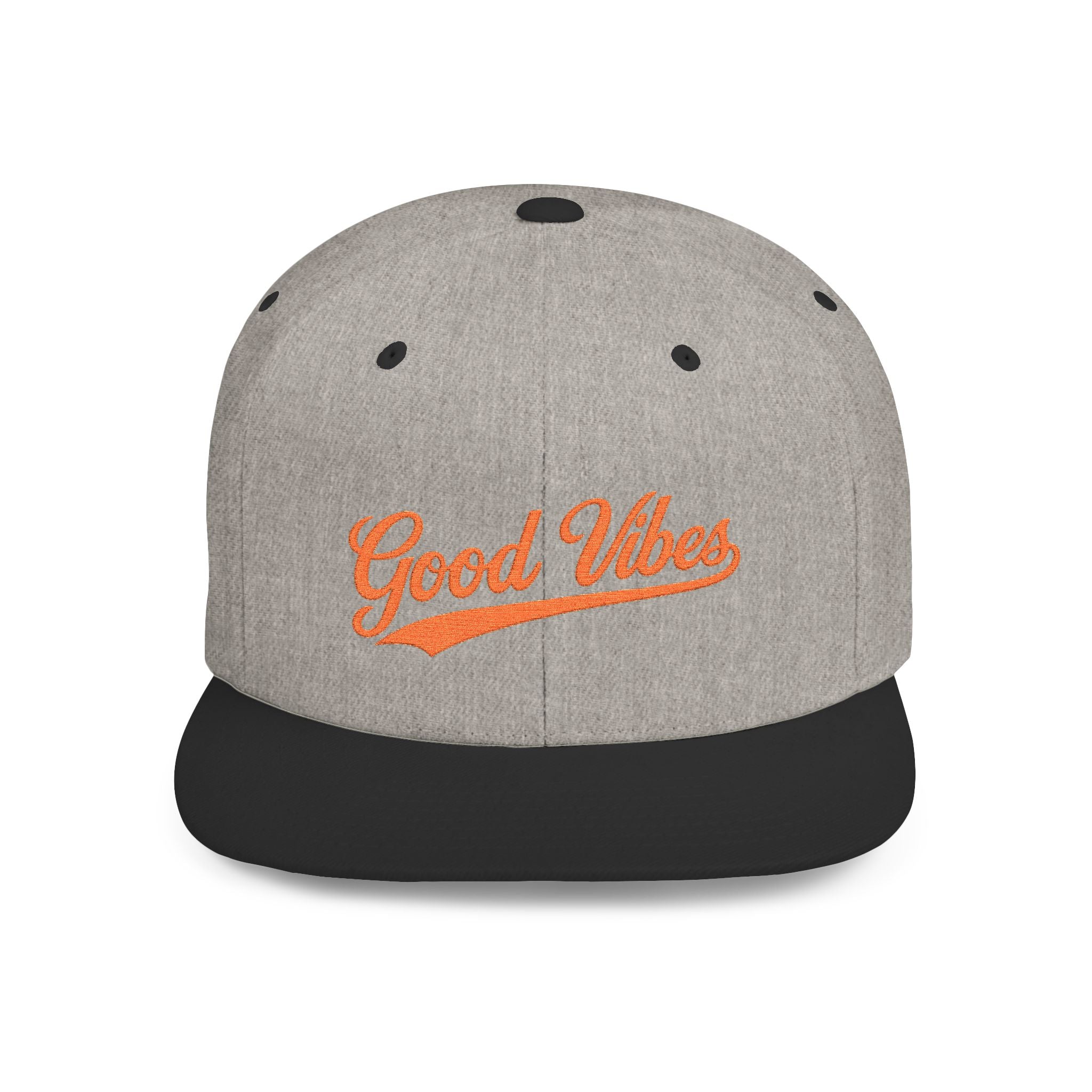 Good Vibes Flat Bill Snapback Hat – Embroidered Orange Script Cap