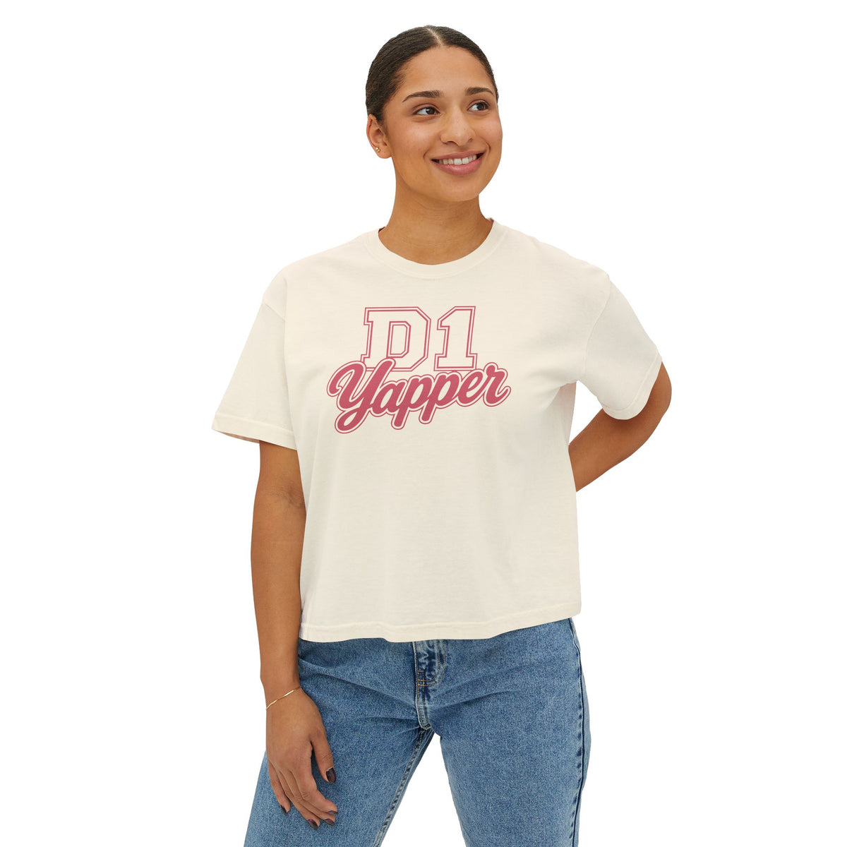 D1 Yapper Women's Boxy Tee — Retro Varsity Script Graphic Shirt